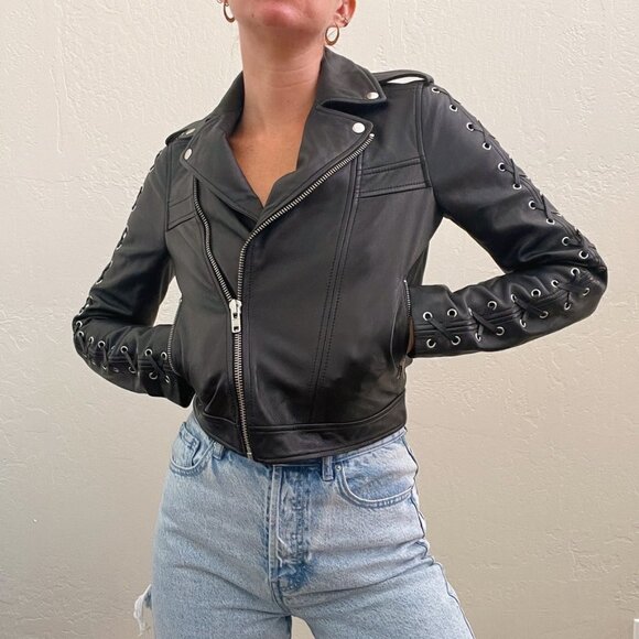 Lab 100% Lamb Leather Black Lace Up Moto Crop Jacket - Picture 4 of 9